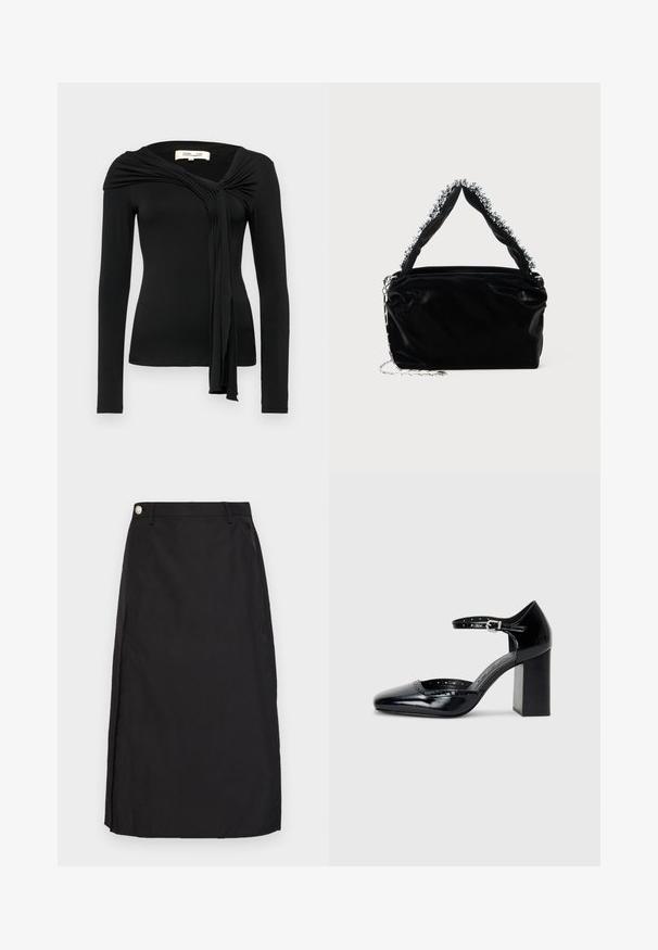 Diane von Furstenberg TWILA  - Camicetta - black; Gonna nera al ginocchio realizzata in tessuto morbido, con uno spacco frontale e un dettaglio in bottone metallico in vita.; Scarpe col tacco alto in pelle verniciata nera con punta quadrata, cinturino alla caviglia e tacco chunky. Include dettagli perforati lungo il bordo.; Borsa a tracolla nera in ecopelle con finitura testurizzata, caratterizzata da un accento in argento con perline lungo il manico superiore e una tracolla a catena.