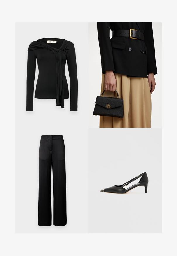 Diane von Furstenberg TWILA - Bluse - black; Schwarze weit geschnittene Hose mit strukturierter Oberfläche, ausgestattet mit einem flachen Bund und zwei Seitentaschen. Der Stoff wirkt leicht und fließend.; Schwarzer Lederschuh mit Katzenabsatz, spitzer silberner Zehenkappe und doppelten Schnallenriemen vor weißem Hintergrund.; Schwarze strukturierte Handtasche mit strukturierter Oberfläche, goldenen Beschlägen und einem oberen Griff. Getragen mit einem schwarzen Blazer und einem beigen Rock.