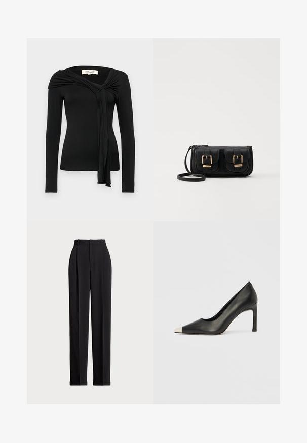 Diane von Furstenberg TWILA - Bluse - black; Schwarze, taillierte Hose mit hoher Taille, mit Falten vorne, geradem Bein-Design und umgeschlagenem Saum. Aus glattem Stoff gefertigt.; Schwarzer Lederschuh mit hohem Absatz, spitz zulaufender Zehenpartie und metallischer silberner Spitze. Verfügt über eine glatte Oberfläche und einen schlanken 10 cm hohen Absatz.; Schwarze Leder-Umhängetasche mit zwei vorderen Taschen, goldenen Schnallen, Reißverschluss und einem schmalen Tragegurt. Texturierte Oberfläche und kompakte rechteckige Form.