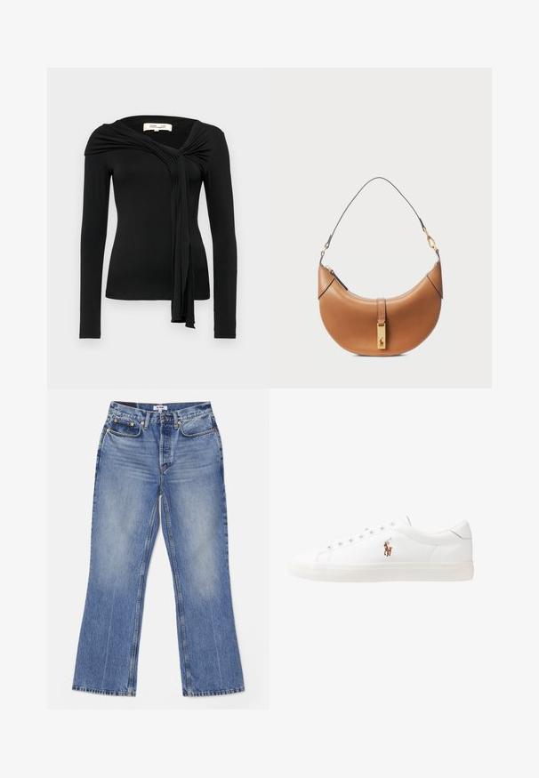 Diane von Furstenberg TWILA - Bluse - black; RE/DONE LOOSE - Jeans Bootcut - hacienda; Weiße Leder-Sneaker, niedrig geschnitten, mit glatter Textur, runder Zehenpartie, Schnür vorne und kleinem gesticktem Logo an der Seite.; Taschenhandtasche aus tanfarbenem Leder mit geschwungener Form, goldenen Beschlägen und einem dünnen Schulterriemen. Verfügt über einen Reißverschlussverschluss und ein Logodetail auf der Vorderseite.
