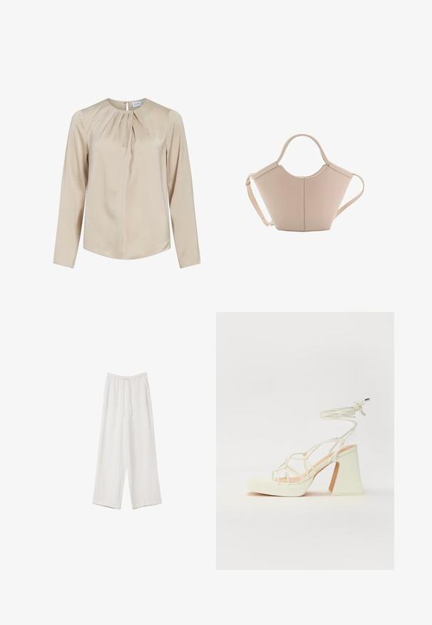 Béžová blůza s dlouhým rukávem z hladkého materiálu, s kulatým výstřihem, sklady na přední části a zapínáním na knoflík na zadní straně.; Bílé široké kalhoty vyrobené z lehké tkaniny. Mají elastický pas se šňůrkou a boční kapsy. Hladká textura.; Bílé sandály na vysokém podpatku s robustním podpatkem, s designem s pásky a zavazováním kolem kotníku. Hladký povrch s platformou vpředu pro zvýšení výšky.; Beige kožená kabelka s jedinečným tvarem, vybavená dvěma krátkými uchy a dlouhým nastavitelným popruhem. Hladká textura s minimem kovových doplňků.