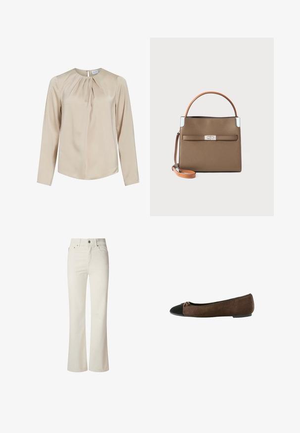Bežová blúzka s dlhým rukávom vyrobená z hladkej tkaniny, s okrúhlym výstrihom, s plisovaním vpredu a uzatváraním na gombík na zadnej strane.; Biele zvonové džínsy vyrobené z denimu. Majú vysoký pás, päť vreciek a kovové zapínanie. Hladký povrch bez viditeľných vzorov.; Hnedé semišové baletky s čiernou špičkou a malou mašľou, nízkym podpätkom a elastickým lemovaním okolo otvoru.; Hnedá kožená kabelka so štruktúrovaným dizajnom, oranžovým držadlom, striebornými doplnkami a prednou vreckom s uzáverom na klip.