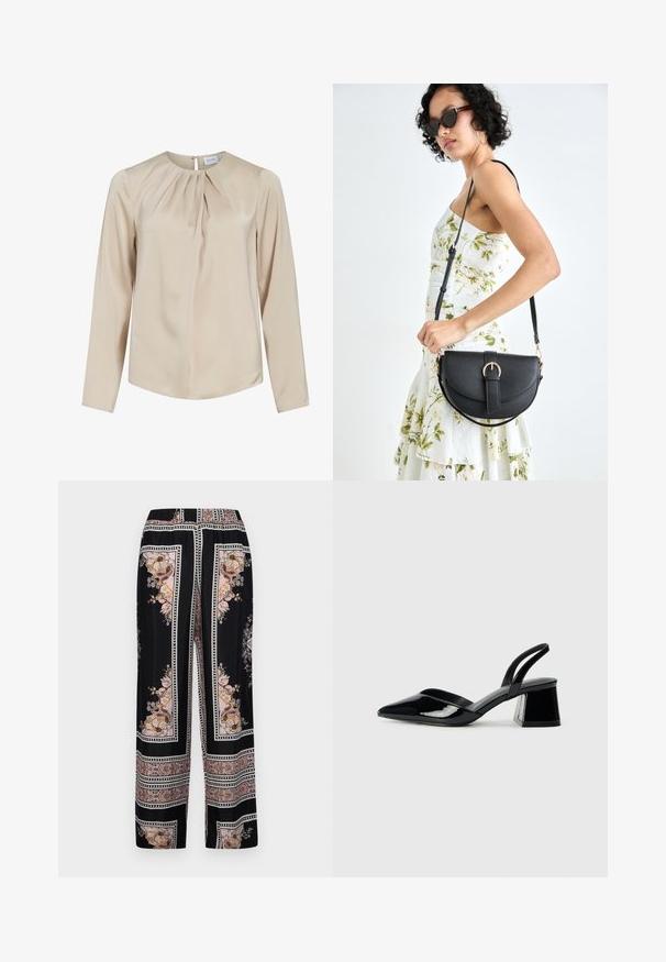 Beige pika-sleeve pluus, mis on valmistatud siledast kangast, ümmarguse kaelusega, voldid esiosa peal ja seljal nupuga kinnitamine.; Mustad laiad püksid lillede ja paisleimustikuga, roosa ja kuldse tooni kombinatsioonis. Omavad mustrilist vööd ja pehmet kangast tekstuuri.; Mustad musta lakknahk kingad, millel on terav varvas ja geomeetriline plokkkonts. Omab elegantselt minimalistlikku disaini ja sujuvat tekstuuri.; Mustmust mustraha kõverate joontega, eemaldatava rihmaga ja kuldsete detailidega. Kotil on klapp, millel on pandladetail.