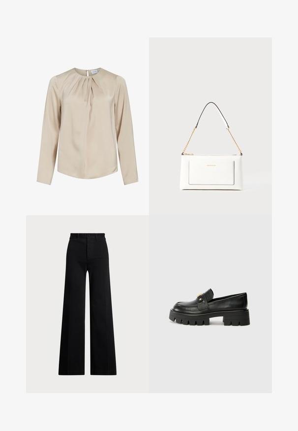 Sima anyagból készült bézs színű, hosszú ujjú blúz, kerek nyakkivágással, elöl pliszírozással és hátul gombos záródással.; Fekete, bő szárú nadrág szőtt anyagból, magas derékkal, elől gombos záródással és oldalzsebekkel. Simává textúrával és letisztult vonalakkal.; Fekete bőr loaferek masszív talppal, elöl arany színű díszítéssel és sima felülettel. A talpon vastag mintázat található.; Fehér bőr kézitáska, texturált felülettel, arany lánccal és fekete részletekkel. Elülső zsebbel és cipzáros zárással rendelkezik.