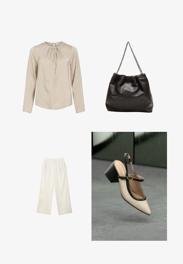 Béžová blůza s dlouhým rukávem z hladkého materiálu, s kulatým výstřihem, sklady na přední části a zapínáním na knoflík na zadní straně.; Široké kalhoty z krémové látky s hladkým povrchem, s jediným předním knoflíkem, jemnými skladbami a vysokým pasem.; Beige boty s špičatou špičkou a otevřenou patou, černými detaily, zlatou přezkou a silným blokovým podpatkem, na šedé podlaze s tmavě zeleným pozadím.; Hnědá kožená taška se sbíraným vrškem a řetízkovým popruhem. Hladký povrch s lesklým finišem a jemným švem na bocích.