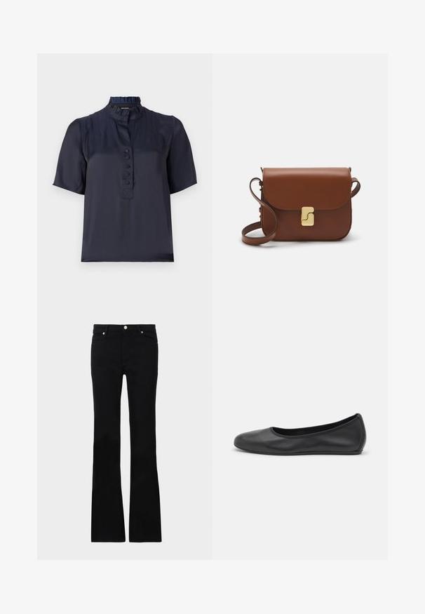 Námořnická modrá blůza s krátkým rukávem, s volánkovým límcem, knoflíkovou légou vpředu a hladkým, lehkým materiálem. Vyznačuje se jemným leskem.; Bílá tričko s krátkým rukávem vyrobené z žebrované tkaniny. Kulatý výstřih, normální střih a jemné detaily šití. Bez vzorů nebo grafik.; Černé zvonové džíny vyrobené z denimu, s dvěma předními kapsami, zapínáním na knoflík a hladkou strukturou. Na švech je viditelné charakteristické prošívání.; Černé kožené baletní byty s kulatou špičkou, hladkou texturou, minimálními švy a flexibilním designem podrážky.; Hnědá kožená kabelka s klopou, zlatými kovovými detaily, ramenním popruhem a hladkým povrchem. Kompaktní obdélníkový tvar.