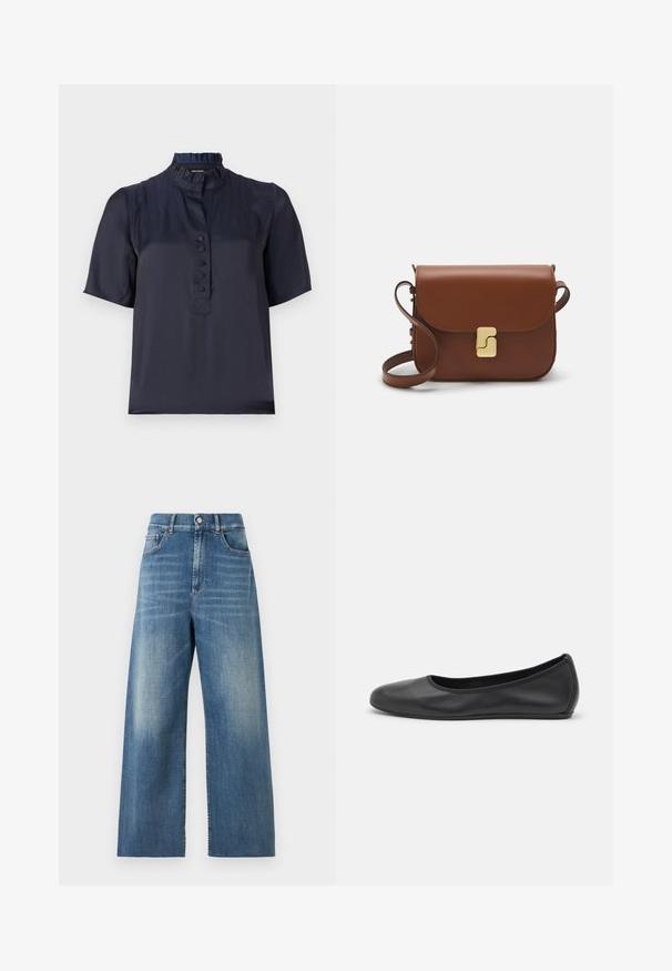 Granatowa bluzka krótki rękaw z falbaniastym kołnierzem, z przodu z guziczkami i gładkiego, lekkiego materiału. Ma subtelny połysk.; Dżinsy z wysokim stanem i szerokimi nogawkami, wykonane z niebieskiego denimu o wyblakłym wykończeniu. Cechy obejmują kieszenie z przodu oraz pojedyncze zapięcie na guzik.; Czarne skórzane baletki z zaokrąglonym noskiem, gładką fakturą, minimalnymi przeszyciami i elastycznym designem podeszwy.; Brązowa skórzana torebka na ramię z klapką, złotymi detalami, paskiem na ramię i gładką teksturą. Kompaktowy prostokątny kształt.