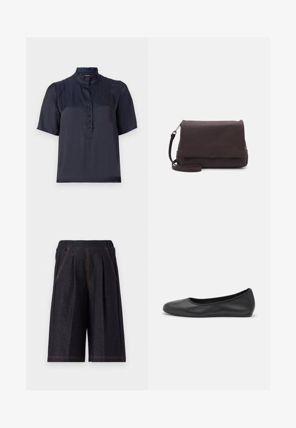 Mørkeblå kortærmet bluse med flæsekrave, frontknaplukning og blødt, let stof. Har en subtil glans.; Mørkegrå shorts lavet af blødt stof, med folder og orange syninger som accent. Elastisk talje for komfort, knælængde design.; Sort læderballetsko med rund tå, glat tekstur, minimal syning og et fleksibelt såldesign.; Tiger of Sweden LIMBIATE UNISEX - Skuldertasker - pure decadence