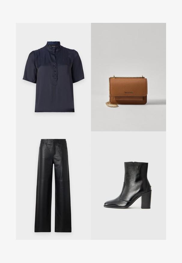 Mørkeblå kortærmet bluse med flæsekrave, frontknaplukning og blødt, let stof. Har en subtil glans.; Bredde ben sorte læderbukser med en glat tekstur, der har frontlommer, knaplukning og subtile syninger.; Sorte læder ankelstøvler med en glat overflade, spids tå og en chunky høj hæl. Har en sidelukning og minimalistisk design.; Brun tekstureret læder crossover-taske med guldkæde-rem og klaplukning. Forsiden har logo-detalje og en lomme under klappen.