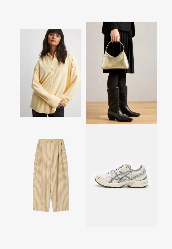 NA-KD Overhemdblouse - butter; Beige gestreepte broek met een elastische tailleband, voorzien van twee zijzakken, een losse pasvorm en verticale zwarte streepjes voor detail.; Hardloopschoenen met een ademend wit mesh bovenwerk, zilveren accenten, grijze veters en een duurzame zwarte rubberen zool. Lichtgewicht, gevoerd ontwerp.; Gouden handtas met een gebogen vorm en korte handgreep, vastgehouden door een persoon die een zwarte geplooide rok en zwarte leren cowboylaarzen draagt.