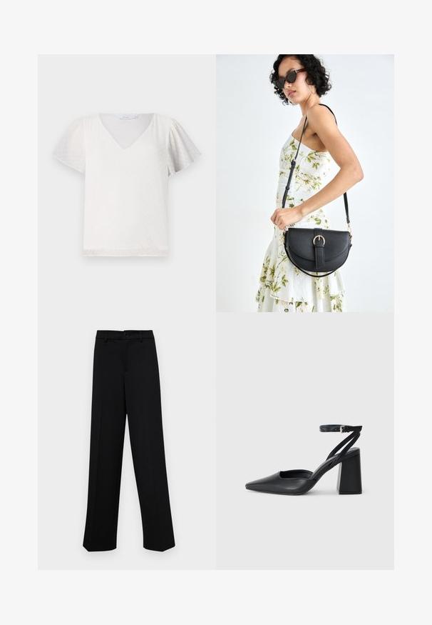 Valge lühikeste varrukatega särk V-kaelusega, millel on tekstuurse täppmustriga ja pehmed, veidi puhvvarrukad. Sile kangas ja lõtv istuvus.; Musta laiad püksid siledast kangast, millel on klassikaline vöökoht, nööbiga sulgemine ja ees voldid.; Mustmustest must-käigukingad, millel on konksuga nöör ja paks konts. Ühtlane tekstuur, stiilne disain ja minimalistlik esteetika.; Mustmust mustraha kõverate joontega, eemaldatava rihmaga ja kuldsete detailidega. Kotil on klapp, millel on pandladetail.