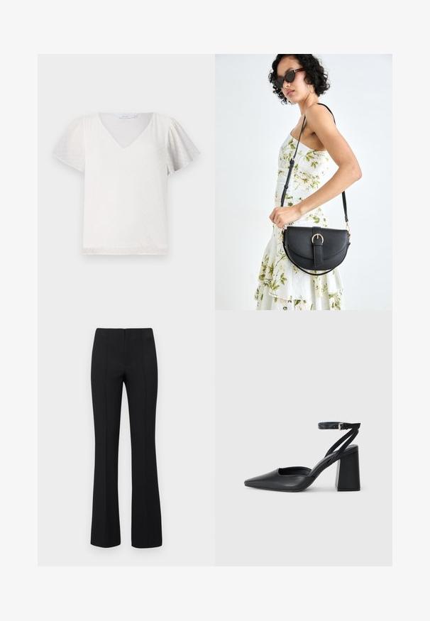 Top bianco a maniche corte con scollatura a V, caratterizzato da un motivo a pois testurizzati e maniche morbide leggermente arricciate. Tessuto liscio e vestibilità ampia.; Pantaloni neri a zampa d'elefante con una texture a coste e vita aderente. Il design presenta cuciture verticali per un aspetto snello. Nessun hardware visibile.; Pump in pelle nera con punta affusolata, cinturino alla caviglia e tacco spesso. Texture piatta, design elegante ed estetica minimalista.; Borsa a tracolla nera in pelle con una forma curva, manico rimovibile e accessori dorati. La borsa presenta una patta con un dettaglio a fibbia.