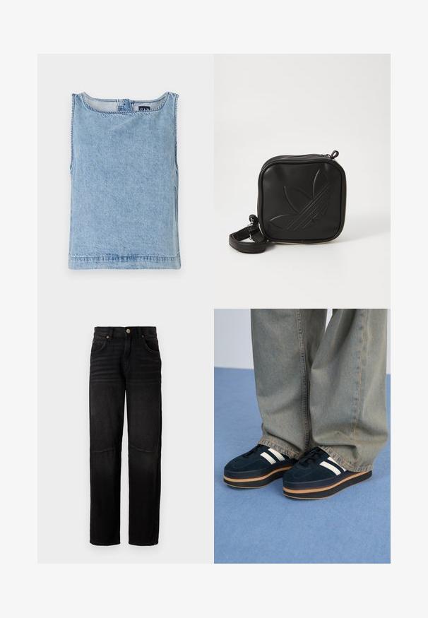 Hellblaues, ärmelloses Denim-Oberteil mit rundem Ausschnitt, geradem Schnitt und sichtbarer Naht. Minimalistisches Design ohne zusätzliche Muster.; Schwarze Jeans aus Denim mit geradem Bein, fünf Taschen, Knopfverschluss und dezenten Ausbleichungen an den Oberschenkeln und Knien.; Dunkelblaue Wildleder-Plattform-Sneaker mit weißen Streifen und schwarzen Schnürsenkeln. Mit einer dicken braunen Gummisohle ausgestattet. Tragen Sie sie mit hellblauen Jeans.; Schwarze Umhängetasche aus strukturiertem synthetischem Material. Verfügt über ein eingeprägtes Logodesign und einen verstellbaren Riemen. Mit Reißverschluss geschlossen.