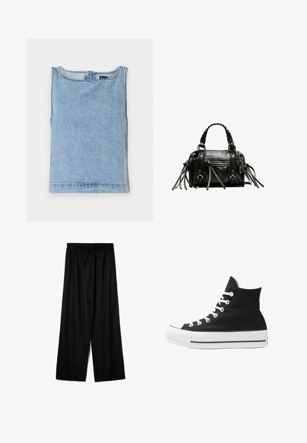 Hellblaues, ärmelloses Denim-Oberteil mit rundem Ausschnitt, geradem Schnitt und sichtbarer Naht. Minimalistisches Design ohne zusätzliche Muster.; Schwarze weite Hose aus leichtem Material mit einem elastischen Bund und einem Kordelzug für eine verstellbare Passform. Glatte Textur.; Schwarze High-Top-Canvas-Sneaker mit weißen Ösen, Schnürsenkeln und Gummisohle. Verfügt über eine strukturierte Zehenkappe und schwarz-weiße Streifenakzente.; Schwarze Lederhandtasche mit geflochtenen Tragegriffen, texturiertem Oberflächen, einem Reißverschluss-Frontfach und dekorativen Fransenakzenten. Kompakte und strukturierte Form.