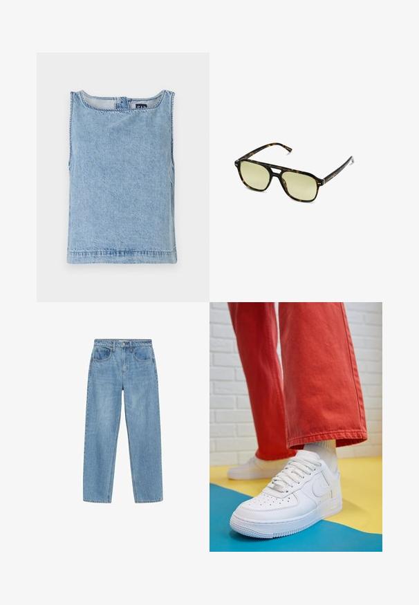 Hellblaues, ärmelloses Denim-Oberteil mit rundem Ausschnitt, geradem Schnitt und sichtbarer Naht. Minimalistisches Design ohne zusätzliche Muster.; Hellblaue Jeans aus Denim mit geradem Schnitt, hoher Taille, zwei vorderen Taschen und klassischem Knopfverschluss. Dezente Ausbleichungen und keine Verzierungen.; Weiße Leder-Sneaker mit perforiertem Zehenbereich, strukturiertem Sohlen und weißen Schnürsenkeln, kombiniert mit weiten roten Hosen und einem blauen und gelben Hintergrund.; Schildkrötensonnenbrille mit rechteckiger Form, grün getönten Gläsern und gemusterten Acetatrahmen. Verfügt über metalliche Akzente in der Nähe der Gläser.