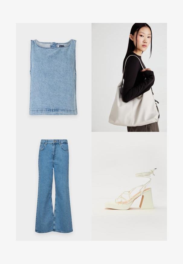Haut sans manches en denim bleu clair avec un col rond, coupe droite et coutures visibles. Design minimaliste sans motifs supplémentaires.; Jean flare bleu clair en denim, avec une taille haute, cinq poches et une fermeture à un bouton. Texture douce avec une finition décolorée.; Sandale blanche à talons hauts avec un talon épais, présentant un design à lanières et un lien autour de la cheville. Texture lisse avec une plateforme à l'avant pour une hauteur supplémentaire.; Sac à main beige en matériau souple, avec un design décontracté, des détails cousus et deux poignées. Idéal pour un usage quotidien.