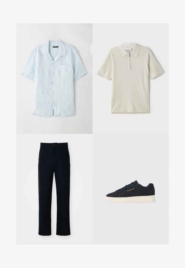 Šviesiai mėlynas trumpomis rankovėmis marškinėliai su mygtukais, pagaminti iš lino, su krūtinės kišene, išlinktu apykakle ir laisvu siluetu su tiesia apatine dalimi.; Šviesiai bežinis trumpomis rankovėmis polo marškinėliai su užtrauktuku ant apykaklės. Pagaminti iš lygaus audinio, pasižymi paprastu, moderniu dizainu be raštų.; Tamsiai mėlynos medvilninės kelnės, turinčios tiesioginį kirpimą, priekyje užsegamos mygtuku ir klasikine juosta su dirželio kilpom.; Tamsiai mėlynos zomšos žemos batai su balta siaura, tamsiai mėlynais raišteliais ir auksiniu logotipu „Filling Pieces“ šone.