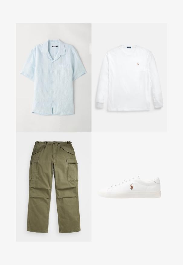 Gai zils īsām piedurknēm pogājams krekls no linu, ar krūšu kabatu, izgrieztu apkakli un brīvu piegriezumu ar taisnu apakšmalu.; Balta kokvilnas garroku T-krekls ar apaļu kaklu un nelielu izšūtu logotipu kreisajā krūtīs. Gluda tekstūra, vienkāršs dizains.; Olive zaļas militārās bikses, izgatavotas no teksturēta auduma, ar vairākām priekšējām un sānu kabatām un pastiprinātām šuvēm.; Baltas ādas sporta apavi, zema dizaina, ar gludu tekstūru, noapaļotu purngalu, ar auklēm priekšpusē un nelielu izšūtu logotipu sānos.