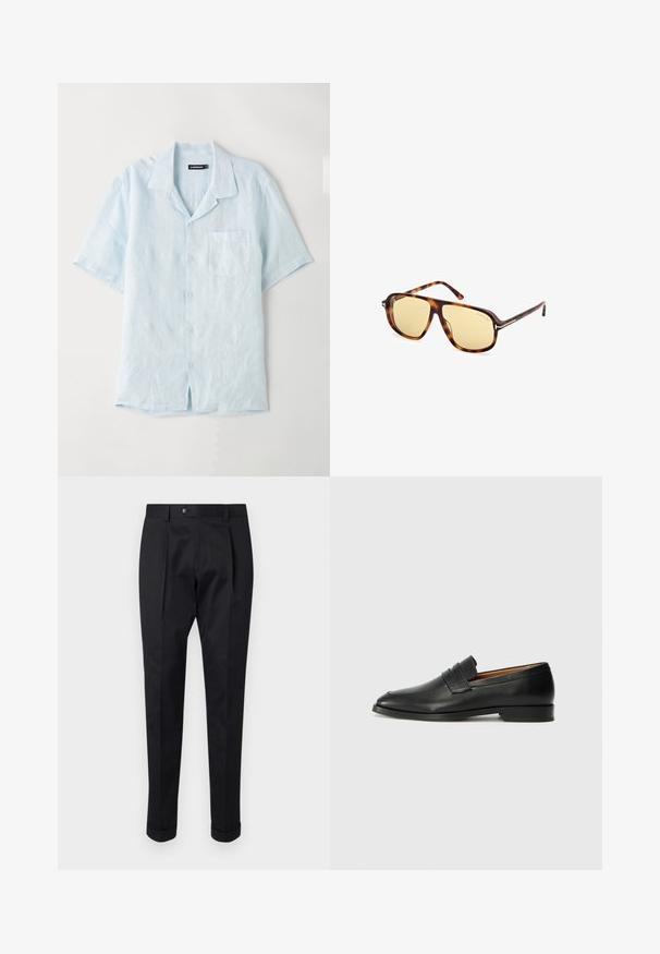 Jasnoniebieska koszula z krótkim rękawem, zapinana na guziki, wykonana z lnu, z kieszonką na piersi, wykładanym kołnierzykiem oraz luźnym krojem i prostym dołem.; Czarne spodnie wykonane z gładkiego materiału, z zakładką z przodu, zapięciem na guzik i podwiniętymi mankietami na kostkach.; Czarne skórzane mokasyny z zaokrąglonym noskiem, subtelnymi przeszyciami i niskim obcasem, charakteryzujące się gładką teksturą i minimalistycznym designem.; Okulary przeciwsłoneczne z oprawką z acetatu w kolorze żółwia, z żółtymi szkłami w kształcie kwadratu i metalowymi akcentami na zausznikach.