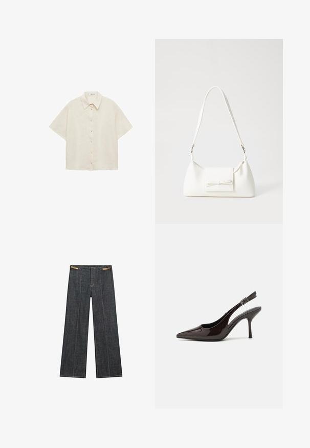 Beige kortemouwen blouse met knoopsluiting en klassieke kraag, plat gelegd op een witte achtergrond.; Donkergewassen denimwijdpijpbroek met een hoge taille. Kenmerken zijn zichtbare stiksels, een knoopsluiting en een unieke kettingaccent aan de taille.; Slingback hoge hak schoen in glanzend donkerbruin patentleer, puntige neus, open zijkanten en verstelbare enkelband.; Witte synthetische handtas met een driehoekige vorm, platte voorklep en strikdetail, verstelbare schouderriem, gladde textuur en minimalistisch ontwerp.
