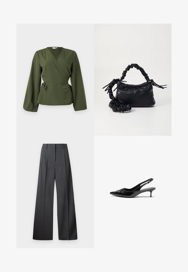 Olive green wrap blouse with long sleeves and a side tie waist, displayed on a plain white background.; Wide-leg trousers in dark gray fabric, featuring a high waist, single pleats, and a smooth texture with a clean finish at the hems.; Black leather slingback heels with a pointed toe, small kitten heel, and a decorative knot detail on the front. Smooth texture throughout.; Black faux leather handbag with a crocodile texture, cinched top, and a scrunched strap. Appears soft and compact in design.