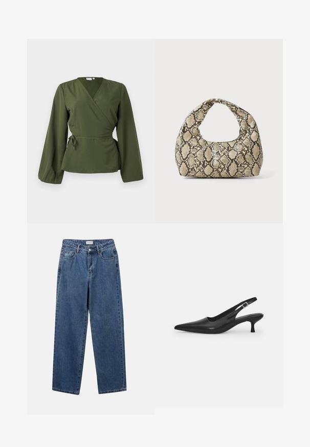 Õlivärvi vööteks blouse pikkade varrukatega ja külgtõmbe vöökohaga, esitatud ideaalselt valgel taustal.; Klassikalised sinised denimists teksad otsejalaga disainiga, viie taskuga ja nööbisuletusega. Omab keskmist pesu ja tugevat tekstuuri.; Mustmustast musta nahast slingback king, millel on terav varvas ja kitsas, kumer konts. Omab diskreetset reguleeritavat rihma metallist pandlaga.; Musta käärmeprindiga kott kõveraga käepidemega. Valmistatud tekstiilsetest, beežidest ja pruunidest materjalidest, millel on iseloomulik rombikujuline muster.