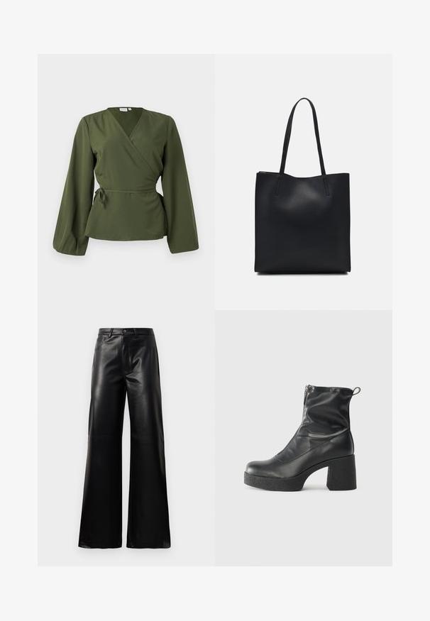 Blusa avvolgente verde oliva con maniche lunghe e un fiocco laterale in vita, presentata su uno sfondo bianco semplice.; Pantaloni ampi a vita alta in ecopelle neri con bottone frontale, chiusura con zip, passanti per cintura e tasche laterali su sfondo bianco.; Stivali neri alla caviglia in pelle liscia, con zip laterale, tacco spesso e texture, e punta arrotondata.; Borsa tote in pelle nera con texture liscia, forma rettangolare e due manici lunghi. Nessun hardware o decorazione visibile.