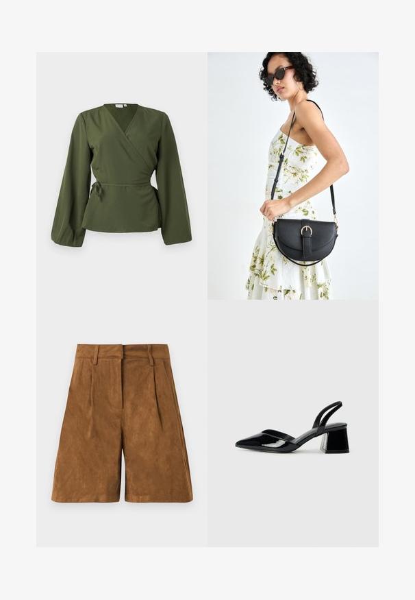 Oliivinvihreä kietaisupaita pitkillä hihoilla ja sivusiteellä, esillä yksinkertaisella valkoisella taustalla.; Ruskean mokkanahkashortsit, joissa on sileä pinta, etupleisureet, tasainen vyötärö ja suora leikkaus.; Mustat patentoitu nahkakengät, joissa on säären takaosa ja terävä kärki, sekä geometrinen palikkakorko. Sisältää tyylikkään, minimalistisen muotoilun ja sileän pinnan.; Musta nahkainen käsilaukku, joka on kaareva muotoilultaan, irrotettavalla hihnalla ja kultaisilla yksityiskohdilla. Laukussa on läppä, jossa on solk yksityiskohta.