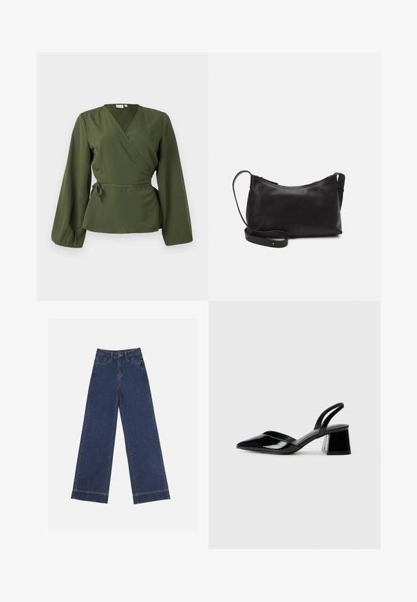 Olivgrüne Wickelbluse mit langen Ärmeln und seitlichem Bindegürtel, präsentiert auf einem schlichten weißen Hintergrund.; Weite Jeans in dunkelblauem Denim. Verfügt über fünf Taschen, Gürtelschlaufen und einen rohen Saum am unteren Ende mit sichtbaren Nahtdetails.; Schwarze Lackleder-Slingback-High Heels mit spitzem Schuh und einem geometrischen Blockabsatz. Verfügt über ein schlankes, minimalistisches Design und eine glatte Textur.; Schwarze Ledertasche für die Schulter mit glatter Textur, geschwungener Form, verstellbarem Tragegurt und Reißverschluss. Minimalistisches Design ohne Verzierungen.