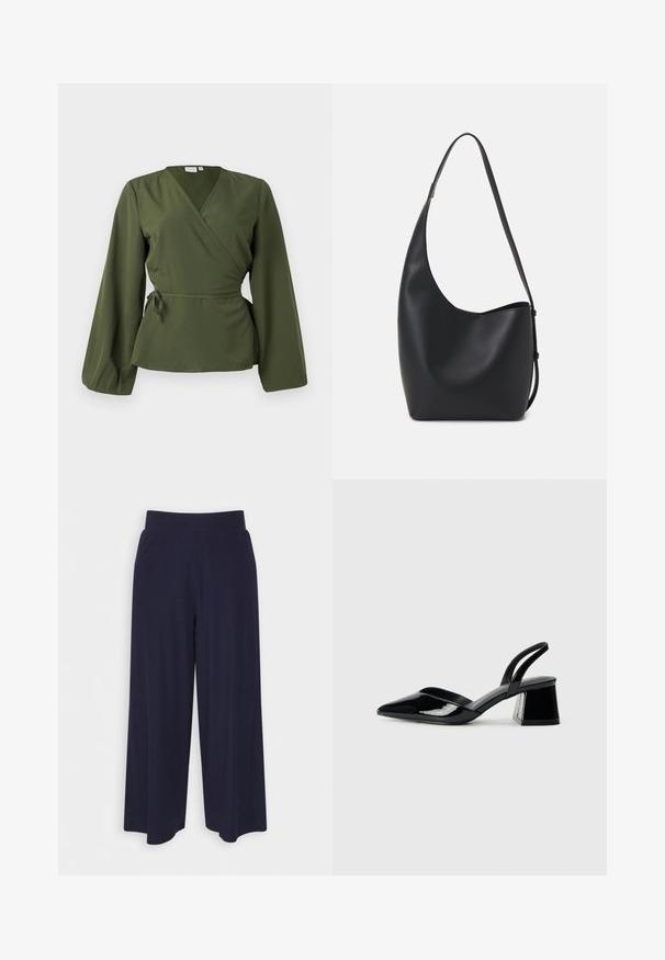 Olive green wrap blouse with long sleeves and a side tie waist, displayed on a plain white background.; Wide-leg trousers in dark navy fabric with a ribbed texture. Features a smooth waistband and a flowy silhouette, reaching mid-calf length.; Black patent leather slingback heels with a pointed toe and a geometric block heel. Features a sleek, minimal design and smooth texture.; Black leather hobo bag with a smooth texture, curved shape, and single adjustable strap; features a wide opening at the top.