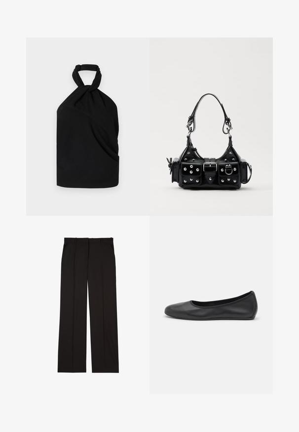 Iro BIRDA - Blusa - black; Calças pretas sob medida feitas de um tecido suave, com um design de perna reta e dois bolsos laterais. Construção elegante e minimalista.; Bailarina preta em pele com bico arredondado, textura suave, detalhe de costura minimalista e design de sola flexível.; Bolsa de couro preta com um design curvado, apresentando tachas prateadas, uma fivela e dois bolsos laterais. Alça ajustável para opções de transporte.