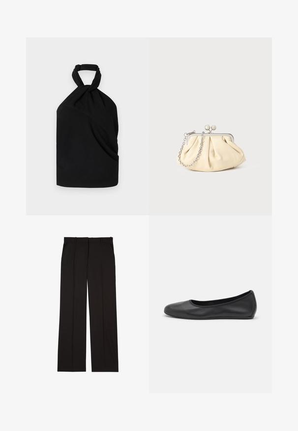 Iro BIRDA - Blouse - black; Zwarte op maat gemaakte broek van een gladde stof, met een rechte pijp en twee zijzakken. Elegante en minimalistische constructie.; Zwarte leren ballerina met een ronde neus, gladde textuur, minimale stikdetails en een flexibele zoolontwerp.; Geplooide beige leren clutch met een zilveren metalen frame, voorzien van twee ronde decoratieve sluitingen en een zilveren kettingriem.