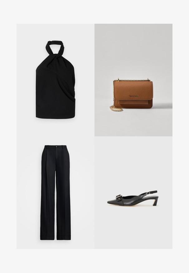 Iro BIRDA - Bluza - black; Crne široke hlače s glatkom završnom obradom, ravnim prednjim dijelom, petljama za pojas i jednim dugmetom za zatvaranje u struku.; Crne kožne sandale s remenčićem i šiljastim vrhom, malim potpeticama i dekorativnom kopčom na gornjem dijelu. Glatka tekstura, minimalistički dizajn.; Smeđa kožna torba preko tijela s teksturom, zlatnim lančićem i preklopom na zatvaranju. Na prednjoj strani nalazi se detalj s potpisom i džep ispod preklopa.