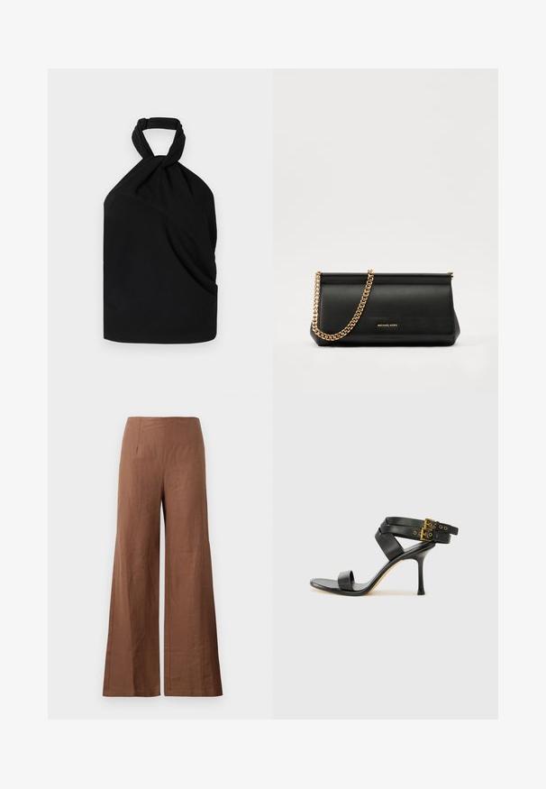 Iro BIRDA - Blouse - black; Brown wide-leg trousers made from a textured fabric. They feature a high waist with two front pleats and straight, flowing legs.; Black heeled sandal with crossed straps and adjustable buckle. Features a smooth texture and tapered stiletto heel.; Black leather clutch bag with a gold chain strap, featuring a smooth texture, rectangular shape, and embossed branding on the front.