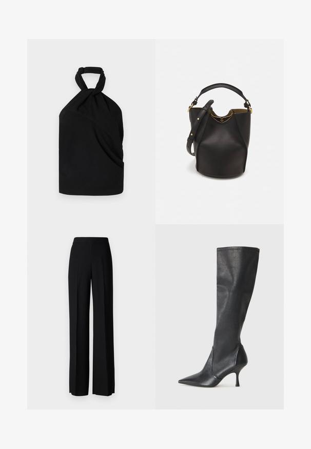 Iro BIRDA - Palaidinė - black; Juodi platūs kelnių kelnės su lygiu paviršiumi, turinčios aukštą liemenį ir centrinės raukšlės. Nėra matomų raštų ar metalinių detalių.; Juodų odinių batų iki kelių su smailiu pirštu ir plonu stiletto kulnu. Lygus paviršius, pritaikytas dizainas ir siuvimas viršutiniame krašte.; Juodas odinis kibiro tipo krepšys su tekstūruotu paviršiumi, auksiniais detalėmis ir atvira viršūne. Yra trumpa rankena ir reguliuojama petneša.