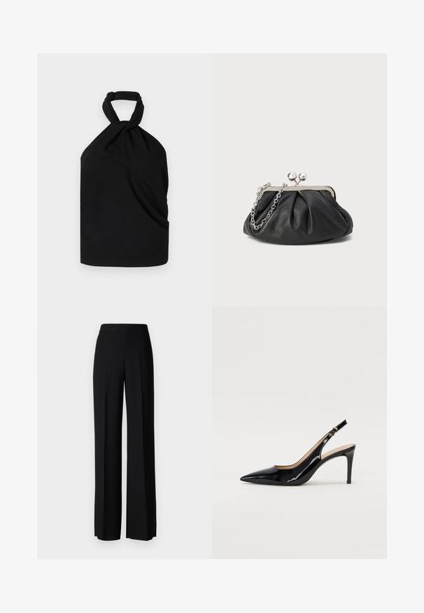 Iro BIRDA - Bluza - black; Črne široke hlače z gladko teksturo, z visokim pasom in središnjimi pregibi. Brez vidnih vzorcev ali kovinskih detajlov.; Črne lakirane slingback čevlje z izostrenim nosom, ozkim peto in subtilnim izrezom. Na traku je zlata sponka.; Črna usnjena torbica z nabranim teksturo, okovjem iz srebrne kovine, zapiranjem na poljub in verižnim ročajem. Gladka, mehka površina.