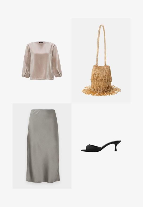 Blusa metallizzata pallida con maniche lunghe e gonfie e scollatura rotonda. Tessuto liscio con una sottile lucentezza, progettata per una vestibilità comoda.; Gonna midi in raso grigio con una texture liscia e elegante. Leggeri spacchi laterali che migliorano il movimento. Design minimalista, vita attillata e silhouette dritta.; Mule nere con tacco alto, dotate di una punta larga e aperta e di una parte superiore curva. Realizzate in tessuto texture, presentano un tacco sottile e una suola liscia.; Borsetta con perline dorate dal design frangiato; presenta una tracolla a catena e decorazioni testurizzate a strati che si estendono dalla base.