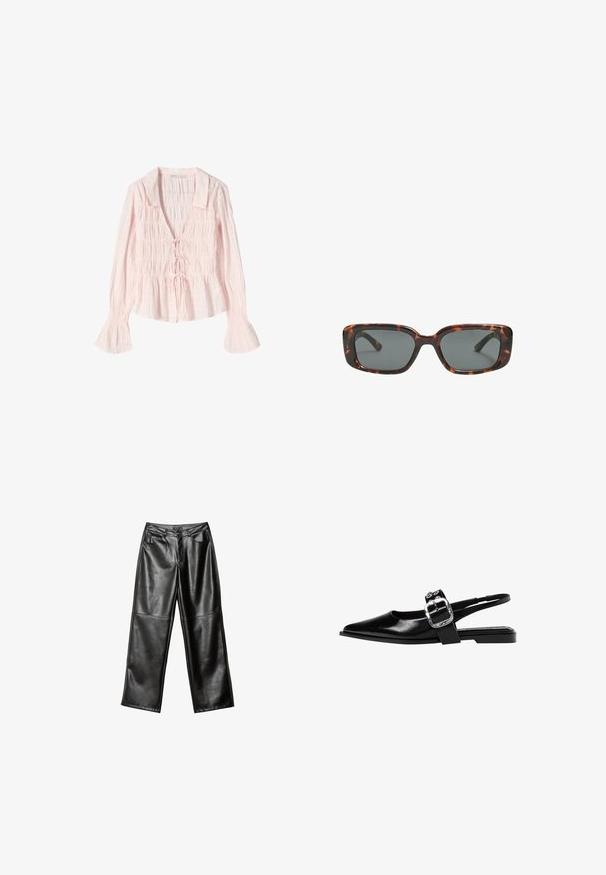 Jasnoróżowa bluzka z kołnierzykiem, marszczonym ciałem i zawiązywaniem z przodu. Posiada długie rękawy z rozkloszowanymi mankietami oraz teksturowany materiał.; Czarne skórzane spodnie typu wide-leg o gładkiej fakturze, zaprojektowane w pięć kieszeni oraz z przeszyciami wzdłuż nóg i pasa.; Czarne skórzane buty na obcasie typu slingback z punktowanym noskiem, szerokim paskiem z metalową klamrą w kolorze srebrnym i niskim kwadratowym obcasem. Gładka tekstura, minimalistyczny design.; Okulary przeciwsłoneczne w kratkę w kształcie prostokątnym, z grubymi oprawkami i ciemnymi szkłami. Gładka faktura i minimalistyczny design.; Czarna skórzana torebka o zakrzywionym kształcie, z odpinanym paskiem i złotymi akcentami. Torebka posiada klapę z zapięciem w kształcie klamry.