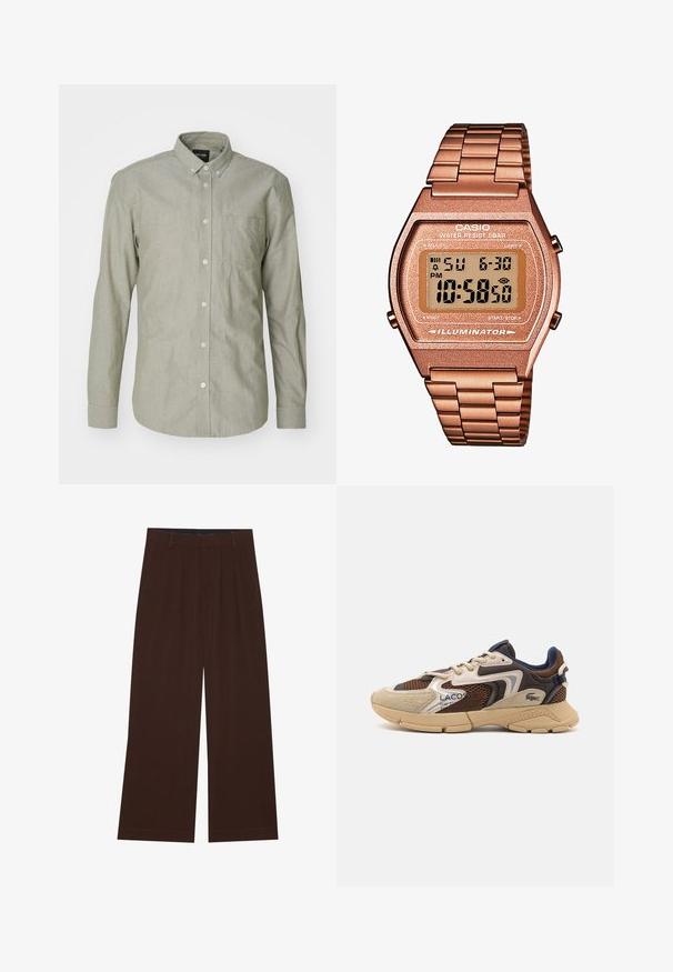 Světle zelená košile s dlouhým rukávem, vyrobená z bavlny. Obsahuje límeček, přední kapsu a zapínání na knoflíky. Hladká textura.; YOURTURN UNISEX 3 PACK BASIC OVERSIZED T-SHIRT - Jednoduché tričko - dark brown/off-white/dark grey; Hnědé kalhoty s širokým střihem a skladbami. Vyrobeny z hladké tkaniny, s upraveným pasem a postranními kapsami. Rovný lem na spodní straně.; Béžové a hnědé tenisky s texturovanými síťovinovými panely, akcenty z semiše a gumovou podrážkou. Mají šněrovací design a značkové detaily.; Digitální hodinky Casio s kovovým řemínkem v růžovém zlatě, obdélníkovým pouzdrem, podsvíceným displejem a vodotěsností, zobrazující čas a datum.
