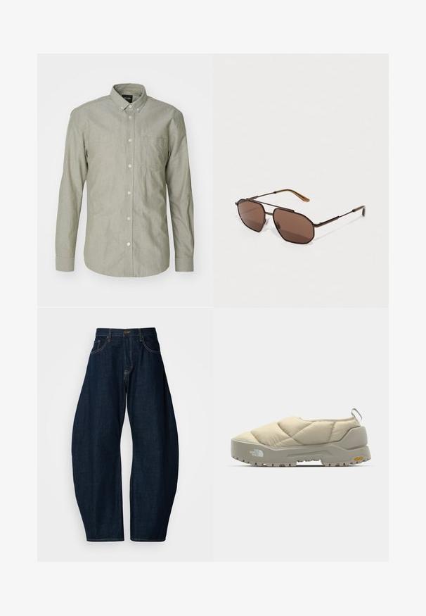 Camisa de manga larga verde claro, confeccionada en algodón. Presenta un collar, bolsillo delantero y cierre con botones. Textura suave.; Camiseta negra de manga corta hecha de tela suave, con un gráfico bordado en blanco de una cruz y texto estilizado en el lado izquierdo.; Vaqueros de mezclilla azul oscuro con un diseño de pierna ancha, que presentan costuras prominentes, cinco bolsillos y un cierre de botón de latón en la cintura.; Zapato slip-on acolchado beige con suela Vibram gris, de forma redondeada y con lazo trasero. Presenta un logo en el lateral y una superficie superior texturizada.; Gafas de sol marrones en forma octogonal con un delgado marco de metal negro, acentuadas por las patillas marrones. Las lentes de oscuro tono ofrecen protección UV.