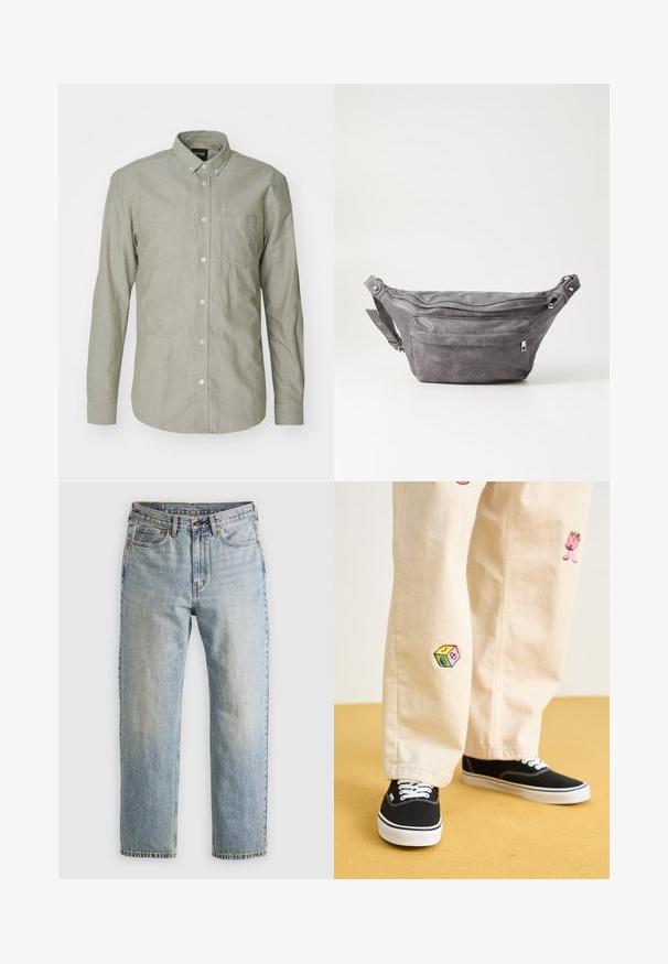 Svetlo zelena, majica s dugimi rokavi in gumbi, izdelana iz bombaža. Ima ovratnik, sprednjo športno žep in gumbno zapiranje. Gladka tekstura.; Svetlo modri džins hlače z visokim pasom, sprednjim gumbom, zadrgo in petimi žepi, laid flat na nevtralni podlagi.; Bežna bombažna hlače z igrivimi vezeninami, ki vključujejo roza lik in barvni blok, v kombinaciji s črnimi čipkastimi športnimi copati.; Sivkasta zamšasta torbica s okroglo obliko, dvema žepoma na zadrgo in nastavljivim trakom. Ima kovinske dodatke.