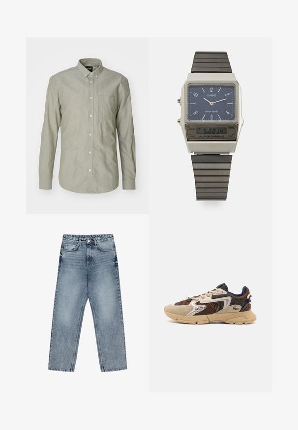 Lysegrøn skjorte med lange ærmer lavet af bomuld. Har krave, forbagt lomme og knaplukning. Glat tekstur.; Lysblå denim jeans med lige ben, synlig syning, fem lomme-design og knaplukning ved taljen.; Beige og brune sneakers med strukturerede mesh-paneler, suedette detaljer og gummisål. Har snørebåndsdesign og brandede detaljer.; Casio digitalur med en blå urskive, sølvgehus og lagdelt sort gummirem. Viser tidspunkt og alarmindstillinger. Vandafvisende.