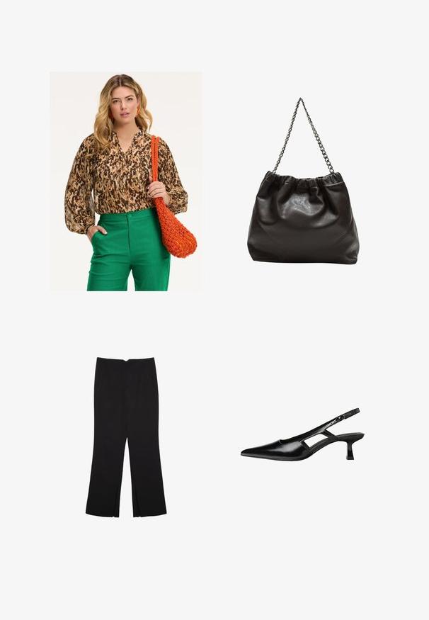 Brązowa i beżowa bluzka w wzory z bufkami, zestawiona z zielonymi spodniami. Trzymana jest pomarańczowa pleciona torba o teksturowanym wzorze.; Czarne spodnie o prostym kroju, z przednimi kieszeniami i bocznymi rozcięciami na dole. Wykonane z miękkiego, gładkiego materiału. Odpowiednie na różne okazje.; Czarne lakierowane czółenka na odkrytej pięcie z wąskim noskiem, z wykrojem po bokach i małym kwadratowym obcasem. Gładka faktura z minimalnymi akcentami.; Brązowa skórzana torba z marszczonym szczytem i łańcuszkowym paskiem. Gładka tekstura z błyszczącym wykończeniem i subtelnymi detalami szwów po bokach.
