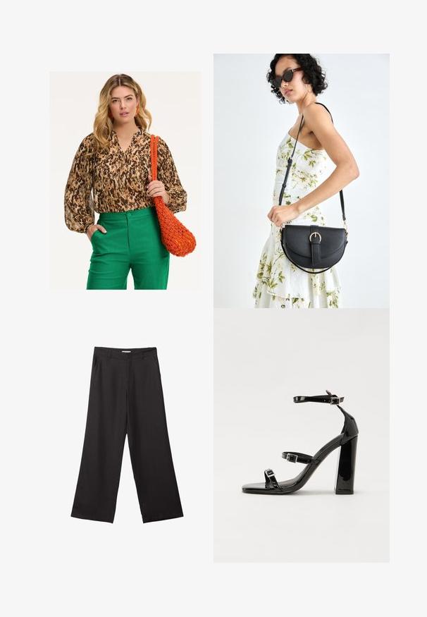 Braun-beige gemusterte Bluse mit Puffärmeln, kombiniert mit grünen Hosen. In der Hand wird eine orange geflochtene Tasche mit strukturiertem Design gehalten.; Schwarze weite Hosen aus glattem Stoff, mit einem Reißverschluss vorne und zwei seitlichen Taschen, maßgeschneiderter Passform und minimalistischem Design.; Schwarze patentierte Sandalen mit Absatz, quadratischer Spitze, Knöchelriemen und silbernen Schnallen. Mit einem stabilen Blockabsatz für mehr Stabilität.; Schwarze Lederhandtasche mit geschwungener Form, abnehmbarem Tragegurt und goldenen Beschlägen. Die Tasche verfügt über einen Deckel mit einer Schnallen-Details.