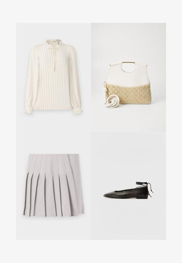 Blusa a maniche lunghe color crema con righe verticali blu navy, colletto arricciato e dettaglio a oblò con bottoni; polsini elasticizzati con accenti arricciati.; Gonna pieghettata grigia con una texture liscia, caratterizzata da molteplici pieghe verticali e una vita aderente. Realizzata in un tessuto leggero.; Ballerine in pelle nera con punta affusolata, laccio alla caviglia e suola piatta, caratterizzate da una texture liscia e un design minimalista.; Borsa a tracolla bianca in pelle con fondo in tessuto intrecciato crema dalla texture. Presenta un manico dorato e una tracolla bianca avvolta per maggiore versatilità.