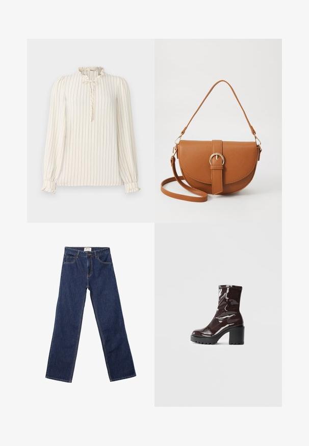 Langärmlige cremefarbene Bluse mit navyblauen vertikalen Streifen, Rüschenspitze am Kragen und Knopf-Schlitzdetail; elastische Bündchen mit Rüschendetails.; Dunkelblaue gerade Jeans mit Fronttaschen, Gürtelschlaufen und einem Knopfverschluss.; Glatte bordeauxrote Ankle Boots mit einem klobigen schwarzen Absatz, die eine glatte Oberfläche und ein einfaches Design aufweisen. Keine sichtbaren Verschlüsse oder Muster.; Braune Leder-Crossbody-Tasche mit geschwungener Form, goldfarbenen Beschlägen und einer Schnallenakzentuierung. Verfügt über einen abnehmbaren Schultergurt.