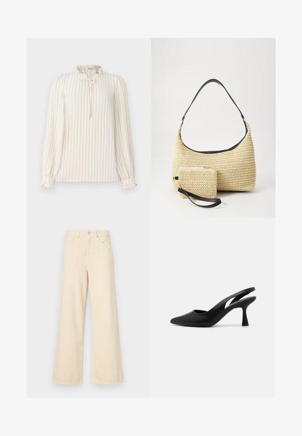 Blusa de manga larga en crema con rayas verticales en azul marino, cuello con volantes y detalle de ojal con botón; puños elastizados con acentos de volantes.; Jeans de pierna ancha beige fabricados en algodón. Cuentan con un cierre de botón, presillas para cinturón y bolsillos frontales con una textura suave y lisa.; Tacones negros tipo slingback con punta afilada, fabricados en cuero suave. Presentan un diseño recortado y un tacón robusto y afilado.; Bolso de paja tejido con una silueta curva, que cuenta con una suave correa de cuero negro y un pequeño estuche a juego, sujeto por una correa de muñeca.