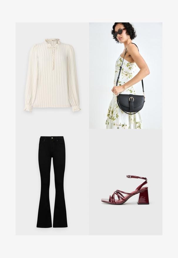 Blusa a maniche lunghe color crema con righe verticali blu navy, colletto arricciato e dettaglio a oblò con bottoni; polsini elasticizzati con accenti arricciati.; Jeans neri a vita alta con chiusura a bottoni e zip, tasche frontali e gambali svasati, distesi su uno sfondo bianco.; Sandali con tacco in vernice borgogna con punta quadrata, caratterizzati da più cinturini intrecciati e un tacco a blocco robusto. Cinturino alla caviglia regolabile.; Borsa a tracolla nera in pelle con una forma curva, manico rimovibile e accessori dorati. La borsa presenta una patta con un dettaglio a fibbia.