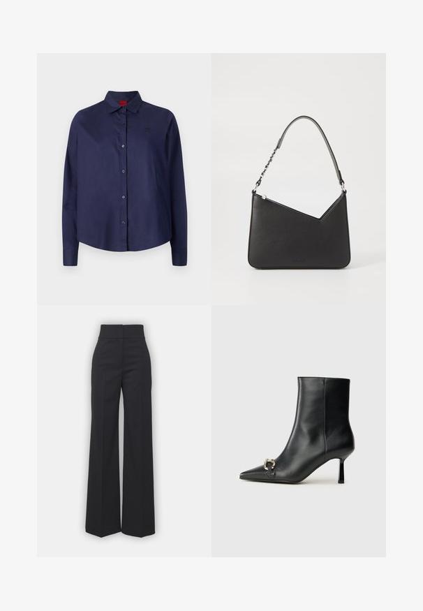 Camisa de botão azul-marinho com gola, mangas longas, ligeiramente curta, logo discreto no peito e textura de tecido suave.; Calças largas em tecido preto com um cós alto, apresentando um acabamento limpo e uma textura suave. Sem hardware ou padrões visíveis.; Bota preta de couro até ao tornozelo com bico apontado, salto slim de altura média e detalhe em fivela prateada de lado, contra um fundo simples.; Bolsa de couro preta com formato triangular, alça fina e detalhes em metal prateado. Apresenta um fecho com zíper e logótipo em relevo na parte frontal.