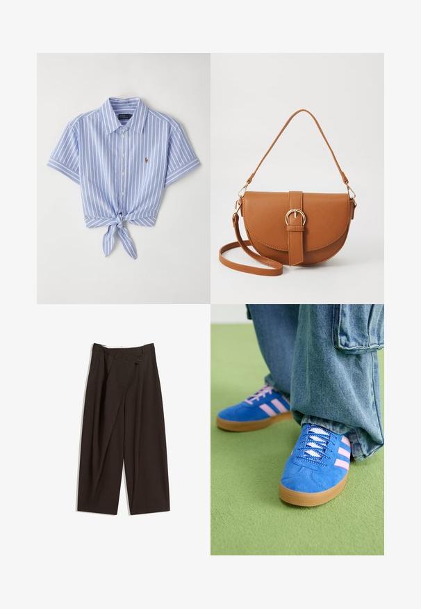 Blå och vit randig kortärmad skjorta med en knutdetalj vid midjan och en liten logotyp på vänster bröstområde.; Mörkbruna vida byxor med hög midja, med en enkel knappstängning och plisserad front. Tillverkade av lätt tyg.; Blå mockaskor med rosa ränder och vita snören, med en sula av gummigummi, kombinerat med lösa denimbyxor på en grön yta.; Brun läder crossbody-väska med en böjd form, gyllene detaljer och en spänneaccent. Har en avtagbar axelrem.